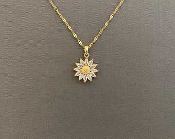 Sunflower Necklace - Flower Pendant with Shiny Crystals on Tarnish Free Lip or Classic Cable Adjustable Chain, Jewelry Gift for Women, Girls