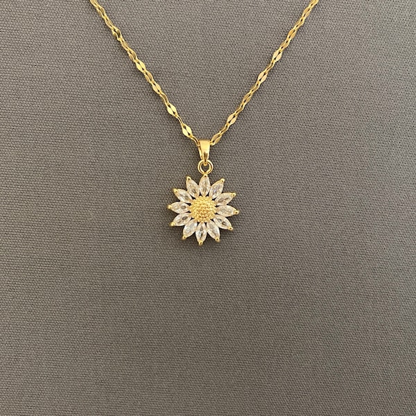 Sunflower Necklace - Flower Pendant with Shiny Crystals on Tarnish Free Lip or Classic Cable Adjustable Chain, Jewelry Gift for Women, Girls