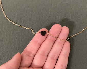 Tiny Black Heart Charm Necklace, Non Tarnish Stainless Steel, Black Charm on Gold Electroplated or Steel Silver Adjustable Chain