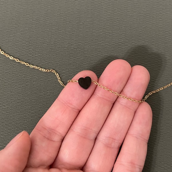 Tiny Black Heart Charm Necklace, Non Tarnish Stainless Steel, Black Charm on Gold Electroplated or Steel Silver Adjustable Chain