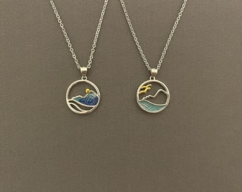 Matching Friendship Necklaces, Set of 2, Gets into 1 Picture - Sun, Birds and Waves, Gift for Friend, Sister, Couple, Distance Friendship