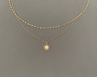 Layered Sun Necklace - Thin, Dainty, Delicate Non Tarnish Chains with a Sun, Sun Rays, Sunshine Pendant with CZ, Gift for Women, Adjustable