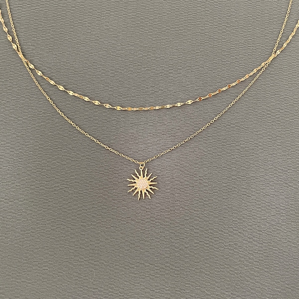 Layered Sun Necklace - Thin, Dainty, Delicate Non Tarnish Chains with a Sun, Sun Rays, Sunshine Pendant with CZ, Gift for Women, Adjustable