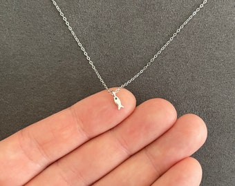 Super Tiny Fish Necklace - Fish Pendant Silver, Gold or Rose Gold Color, Adjustable Chain 15.5"-17" is Sterling Silver, Silver Color Only