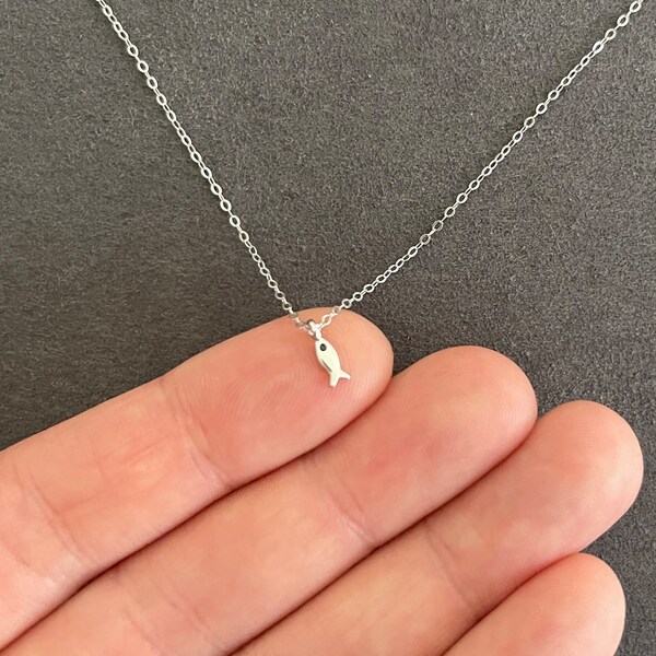 Super Tiny Fish Necklace - Fish Pendant Silver, Gold or Rose Gold Color, Adjustable Chain 15.5"-17" is Sterling Silver, Silver Color Only
