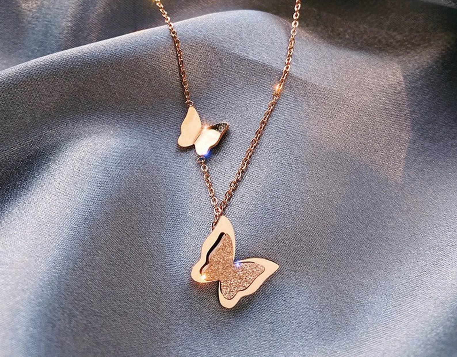 Rose Gold Butterfly Necklace 2 Butterflies Pendant 1 Etsy