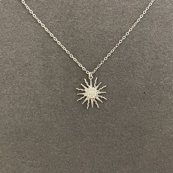 Silver Sun Necklace - Sun Pendant with CZ on a Dainty Sterling Silver Adjustable Chain, Jewelry Gift for Her