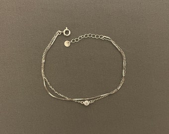 Small Wrist Bracelet - Sterling Silver 2 Chains, Layered Bracelet for Thin Wrist, Adjustable Length 6"-7", Dainty, Delicate