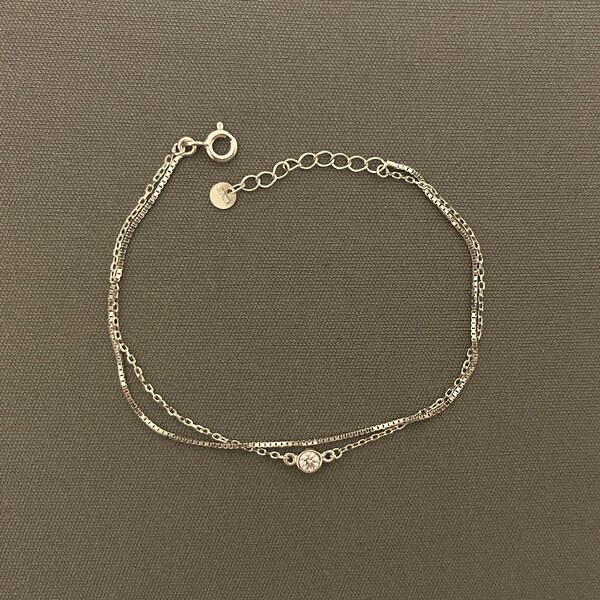 Small Wrist Bracelet - Sterling Silver 2 Chains, Layered Bracelet for Thin Wrist, Adjustable Length 6"-7", Dainty, Delicate