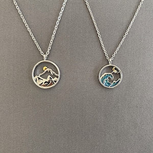 Couple Necklaces Matching Set for 2, Mountain and Sea Pendants are Silver Plated Chains are Not Tarnishing Stainless Steel, Gift for Couples