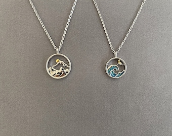 Couple Necklaces Matching Set for 2, Mountain and Sea Pendants are Silver Plated Chains are Not Tarnishing Stainless Steel, Gift for Couples