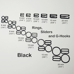Puede incluir: Anillos, deslizadores y ganchos en G de metal negro en varios tamaños, que van de 6 mm (1/4") a 20 mm (3/4").