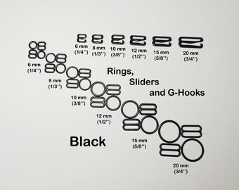 Anillos, deslizadores y ganchos en forma de G de metal recubiertos de nailon negro: materiales de primera calidad para la confección de sujetadores metálicos.
