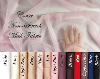 May include: A sheer, non-stretch mesh fabric in light pink, with text overlay reading Corset Non-Stretch Mesh Fabric. Below, a colour chart displays fabric swatches in white, ivory, light beige, beige, nude, tan, light pink, crocus, brown, red, cappuccino, blue, and black.