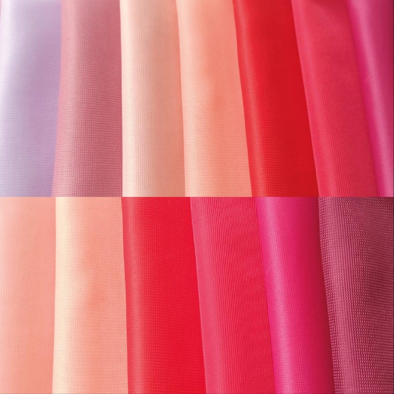 May include: A collection of fabric swatches in various shades of pink and red. The swatches are arranged in a grid pattern, with the lightest shade of pink at the top left and the darkest shade of red at the bottom right.