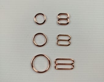 Roséguldfärgade metallringar och sliders - premiumkvalitetsdetaljer i metall för BH-tillverkning, tillverkade i EU