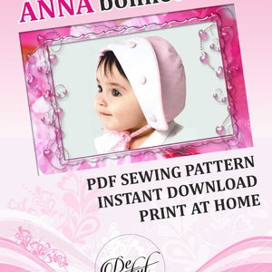 May include: A pink and white baby bonnet sewing pattern, with a photo of a baby wearing the bonnet. The pattern is a PDF instant download and can be printed at home. The pattern is from Debut Atelier.