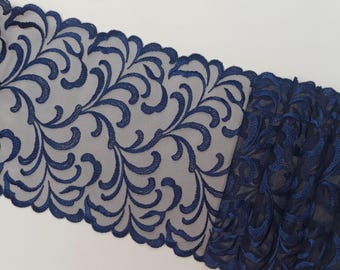 Navy Swirls on Black Mesh Embroidered Lace Trim, Transparent lingerie lace, non-stretch bramaking lace