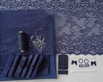 Bralette & Panty Sewing Kit, Lingerie Sewing Kit, stretch navy lace 23 cm, DIY Bralette Kit