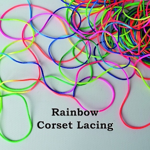 May include: Rainbow colored cords for corset lacing. The cords are arranged in a tangled pile.