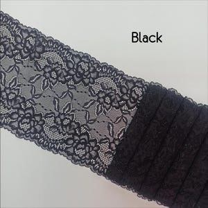 May include: Black lace trim with a floral pattern. The lace is delicate and has a soft, flowing texture.