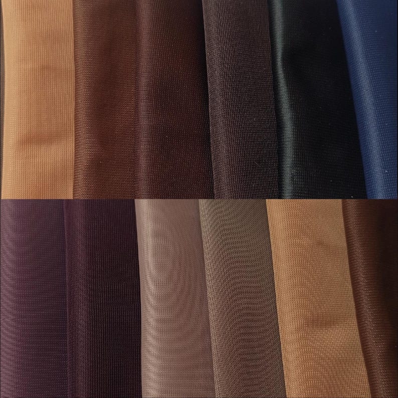 May include: A collection of 10 fabric swatches in various shades of brown, beige, and blue. The swatches are arranged in two rows of five.