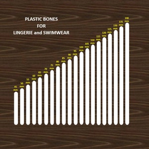 Puede incluir: Un gráfico que muestra los diferentes tamaños de huesos de plástico para lencería y ropa de baño, que van de 45 mm a 140 mm.