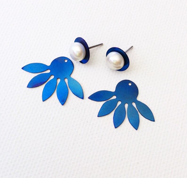 Front back lotus flower TITANIUM EARRINGS stud blue sunflower ear jacket earrings