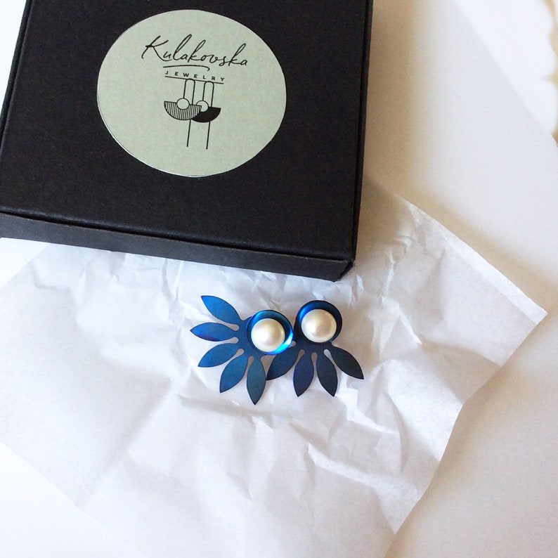 Front back lotus flower TITANIUM EARRINGS stud blue sunflower ear jacket earrings