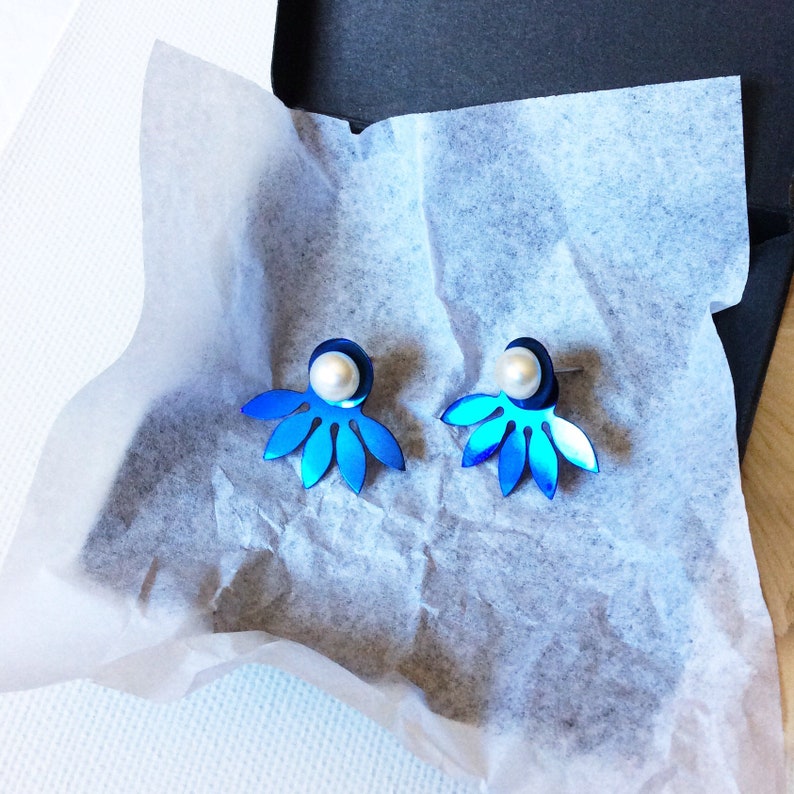Front back lotus flower TITANIUM EARRINGS stud blue sunflower ear jacket earrings