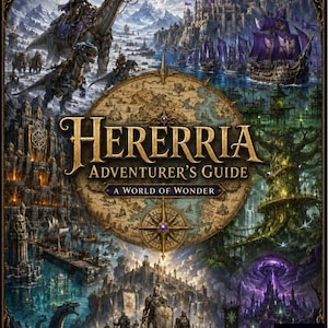 May include: The Hererria Adventurer's Guide: A World of Wonder by Andrew Hoopii-Taylor is a book cover featuring a fantasy map, a compass rose, armored figures, dinosaurs, a castle, a ship with purple sails, and a glowing purple portal.
