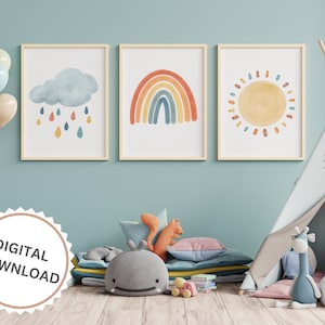 Set of 3 Rainbow Cloud Sun Prints, Rainbow Print, Neutral Rainbow Wall Art, Kids Room Wall Decor, Nursery Watercolor, Boho Rainbow Art Set