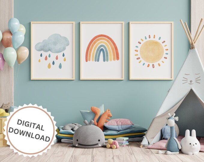 Rainbow Print Set, Sun Rainbow Cloud, Rainbow Nursery Art, Girl Nursery ...