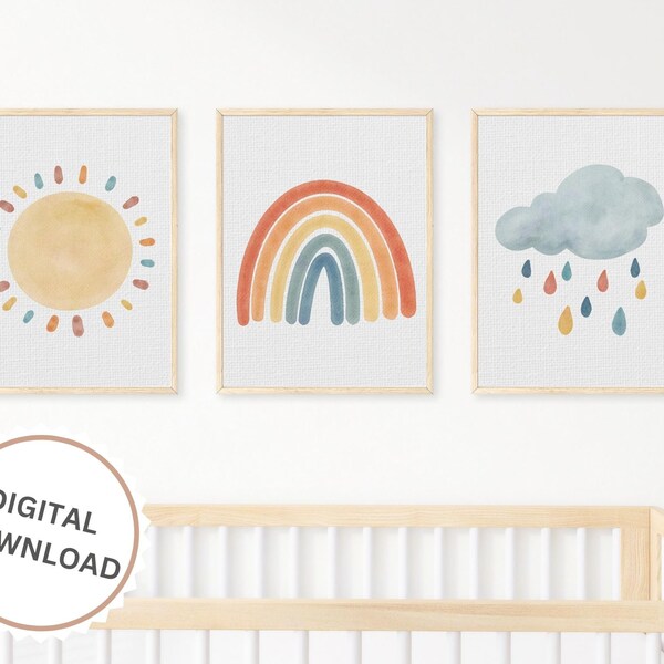 Set of 3 Rainbow Cloud Sun Prints with a textured background, Neutral Rainbow Wall Art, Kids Room Wall Decor, Nursery Watercolor, Boho art
