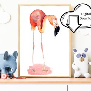 Bright Pink & Coral Flamingo Watercolor Printable Nursery Wall Art - girl&#39;s room, pink nursery wall art, unique nursery