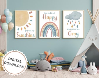 Boho colorful Watercolor Print Set of 3: Sun, Rainbow, and Gray Cloud with Inspiring Quote - you are my sunshine, gender neutral nursery