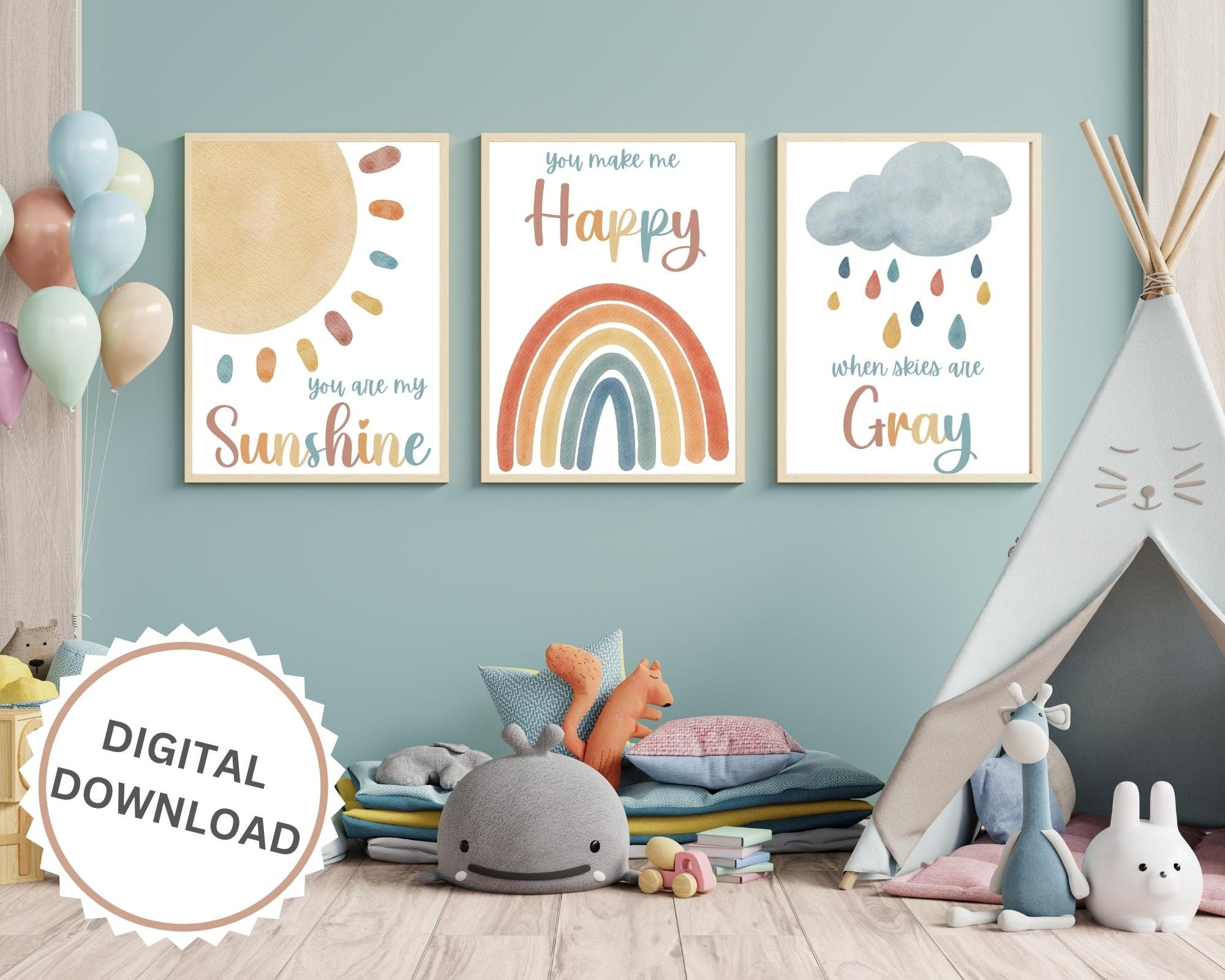 Watercolor Boho Rainbow Nursery Wall Art Set of 3 You Are My Sunshine ...