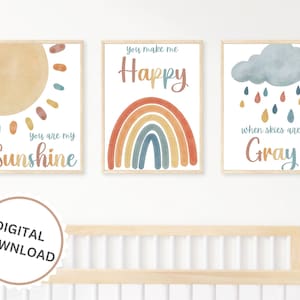 Watercolor Boho Rainbow Nursery Wall Art set of 3 - You are my sunshine, You make me happy, When skies are gray, gender neutral nursery art