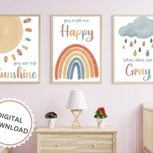 Watercolor Boho Rainbow Nursery Wall Art set of 3 - You are my sunshine, You make me happy, When skies are gray, gender neutral nursery art