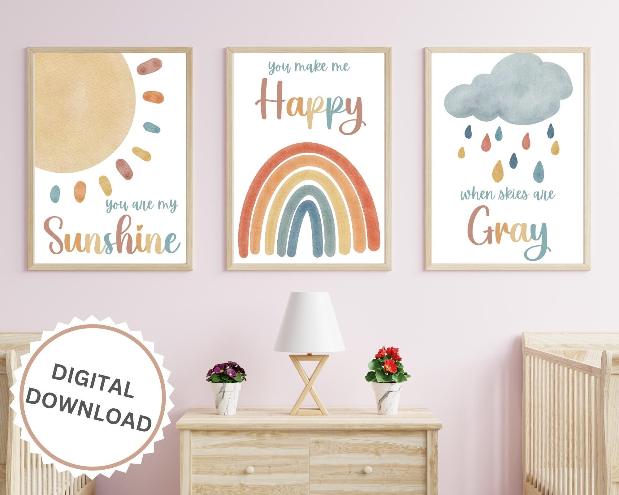 Watercolor Boho Rainbow Nursery Wall Art Set of 3 You Are My Sunshine ...