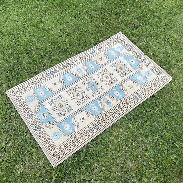 Modern Oushak Rug 3x5, Turkish Area Rug Blue, Vintage Bathroom Rug, Beige Rug Moroccan, Wool Rug Bedroom, Kitchen Rug Runner Boho 2'7"x4'6"