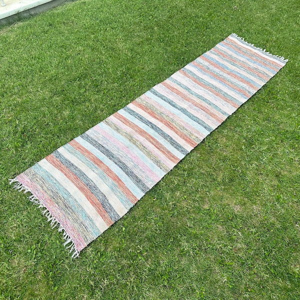 Swedish Rug Runner Kilim, Cotton Rag Runner, Colorful Rags for Rug, Chindi Rag Rug Runner, Rag Rug Strips, Flatweave Rug Sweden 2'4" x 9'