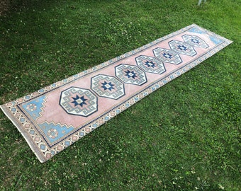 3x12 Turkish Runner, Modern Oushak Rug, 12 Ft Runner, Pink Vintage Runner, Kitchen Runner Rug Wool, Long Hallway Runner, Boho Rug 2'9" x 12'