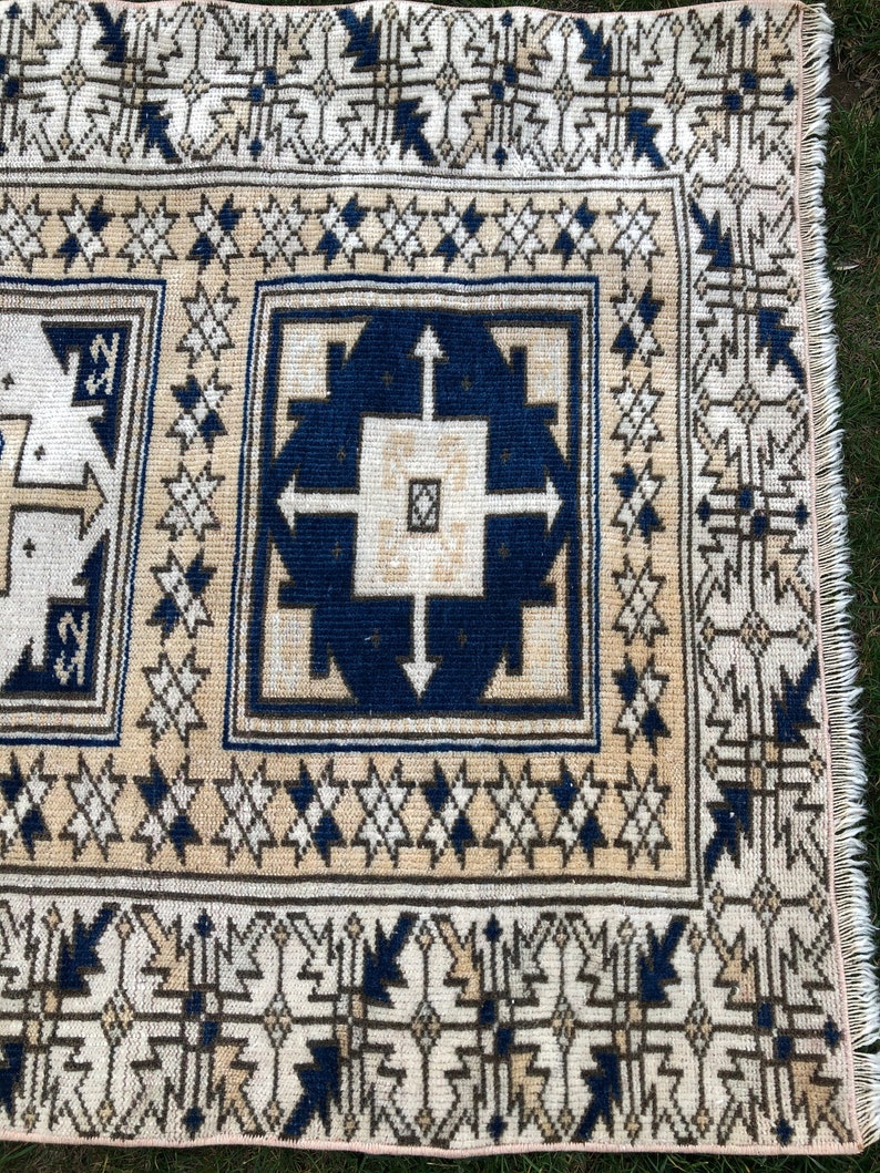 Navy Turkish Rug 3x4 Wool Rug Vintage Kitchen Rug Oushak Etsy