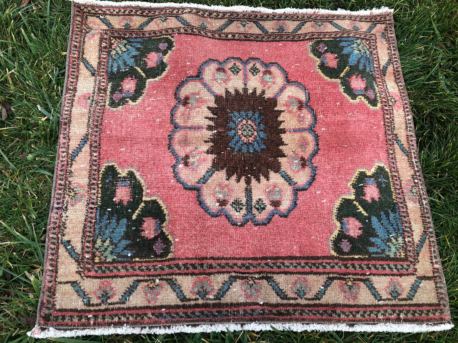 Square Bath Rug Turkish Small Rug Mini Vintage Rug Oushak Etsy