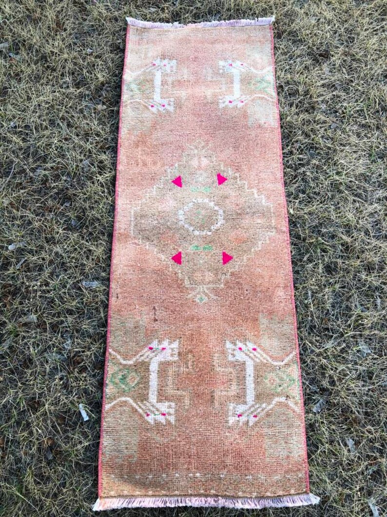 Bath Runner Small Oushak Runner Pink Brown Turkish Kitchen Rug Vintage Door Mat Rug Kitchen Rug Boho Entry Rug 1/'3 x 3/'6 Bedroom Rug