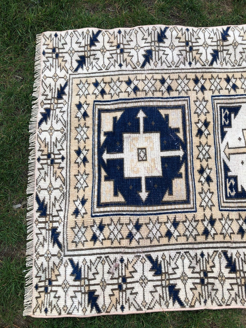 Navy Turkish Rug 3x4 Wool Rug Vintage Kitchen Rug Oushak Etsy