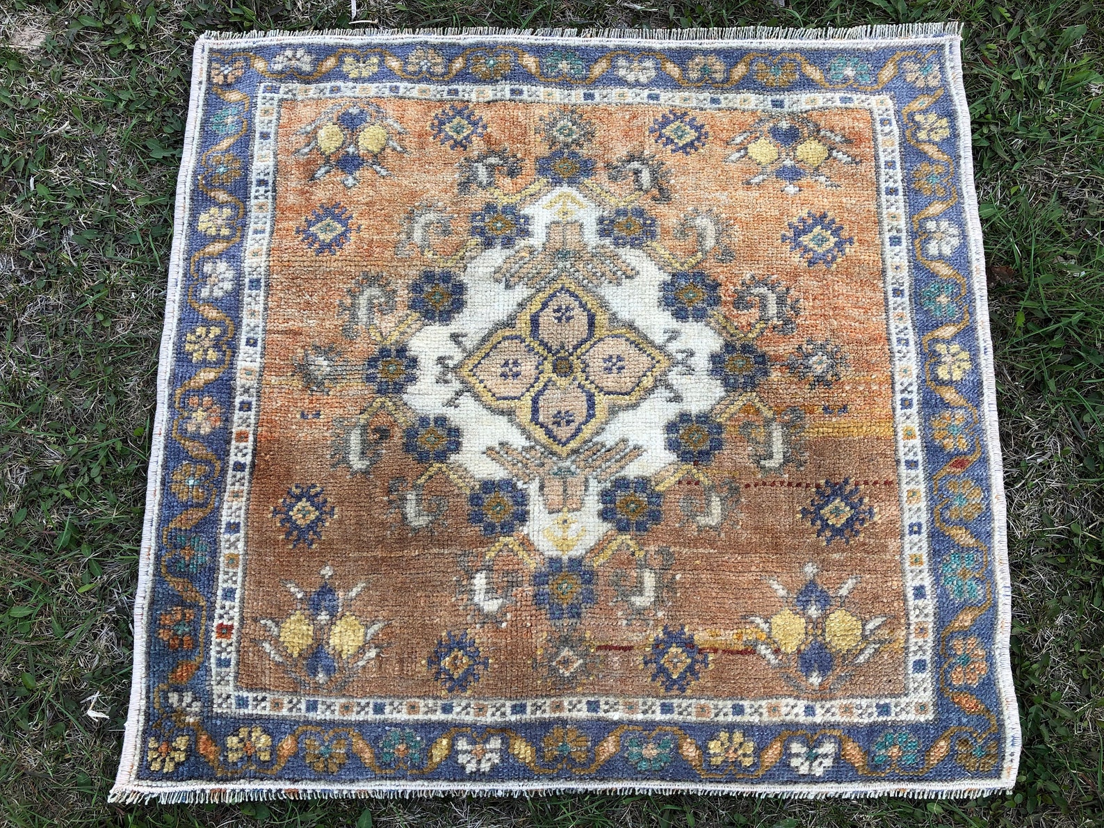 Small Square Rug 2x2 Orange Blue Rug Turkish Bath Mat Mini Etsy