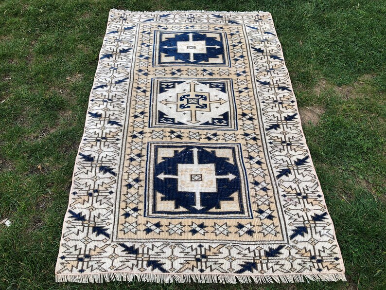 Navy Turkish Rug 3x4 Wool Rug Vintage Kitchen Rug Oushak Etsy