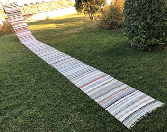 Turkish Rag Rug, Stair Runner Rug, Extra Long Runner Rug, Rainbow Stripe Rug, Flatweave Oushak Kilim Runner, Woven Rag Rug Loom 2'4" x 28'9"